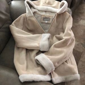 Sherpa lined hooded suede jacket